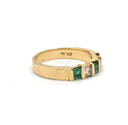 Vintage Princess Cut Emerald & Diamond Band Ring in 14K Yellow Gold