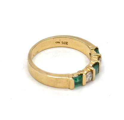 Vintage Princess Cut Emerald & Diamond Band Ring in 14K Yellow Gold