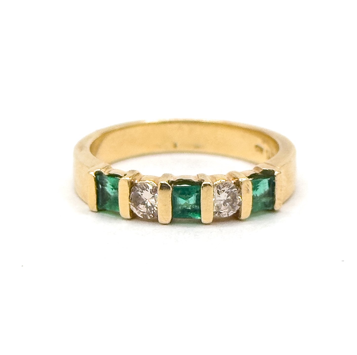 Vintage Princess Cut Emerald & Diamond Band Ring in 14K Yellow Gold