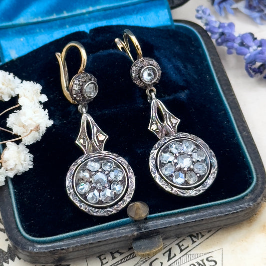Antique Rose Cut Diamond Drop Earrings Silver Topped with 14K Gold Backs