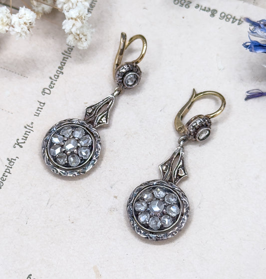 Antique Rose Cut Diamond Drop Earrings Silver Topped with 14K Gold Backs