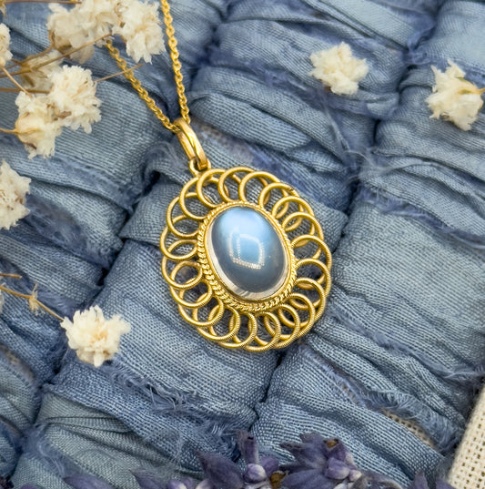 Vintage Moonstone Openwork Pendant Necklace in 14K Gold