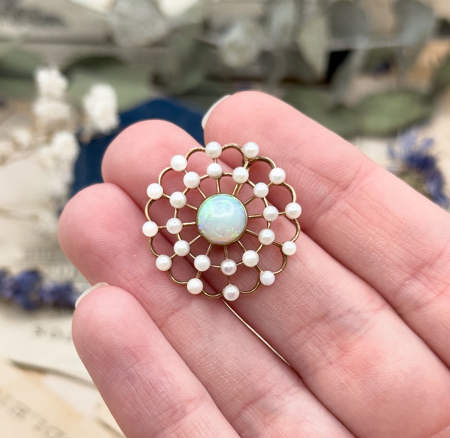 Edwardian Opal & Pearl Pendant in 14K Gold Spiderweb, Flower