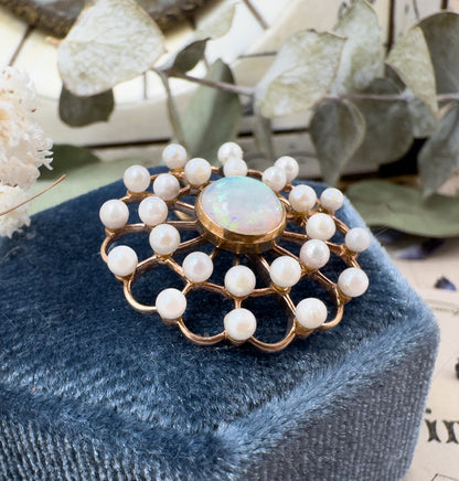 Edwardian Opal & Pearl Pendant in 14K Gold Spiderweb, Flower