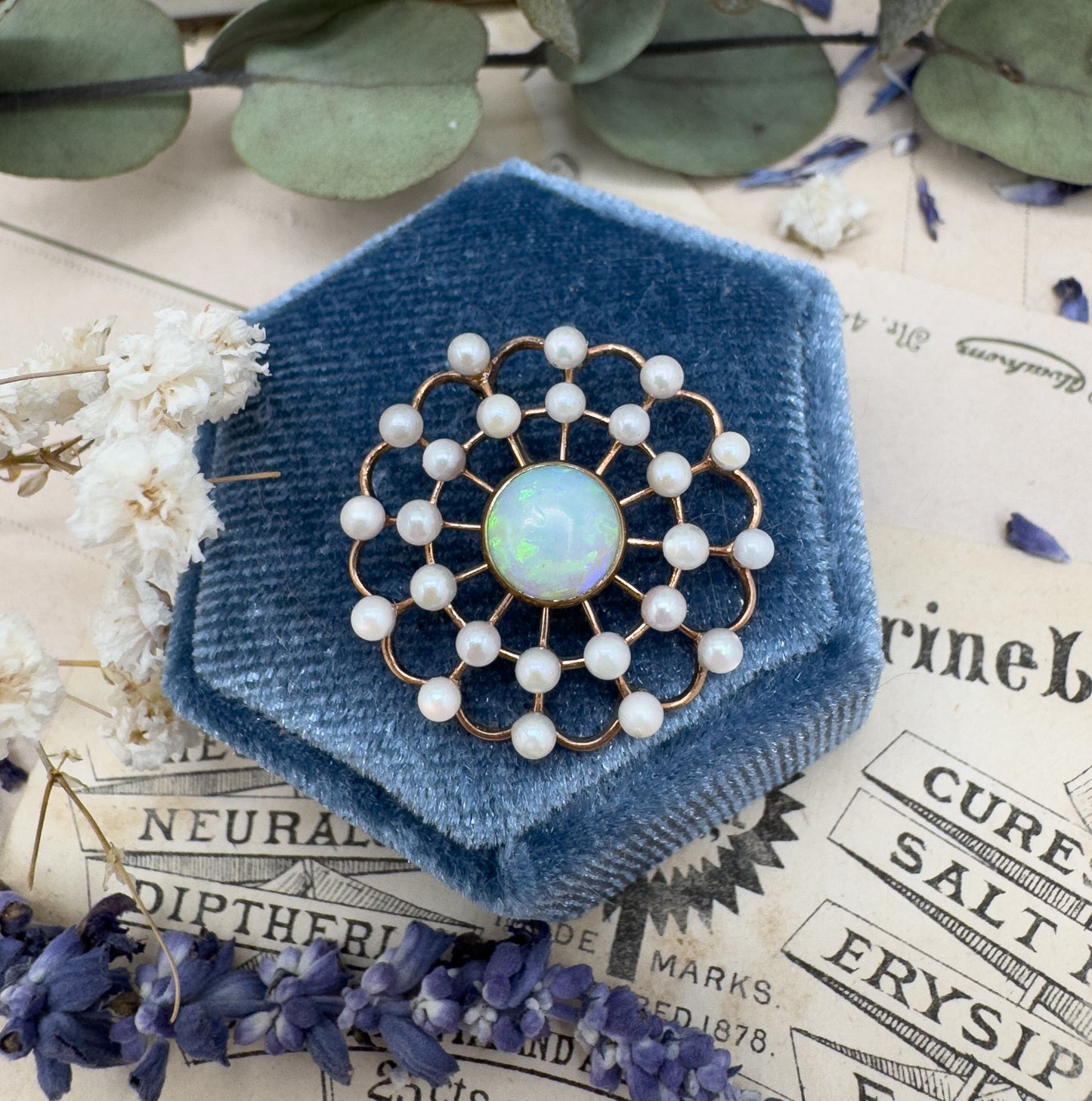 Edwardian Opal & Pearl Pendant in 14K Gold Spiderweb, Flower