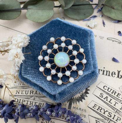 Edwardian Opal & Pearl Pendant in 14K Gold Spiderweb, Flower