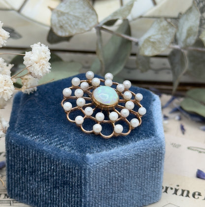 Edwardian Opal & Pearl Pendant in 14K Gold Spiderweb, Flower