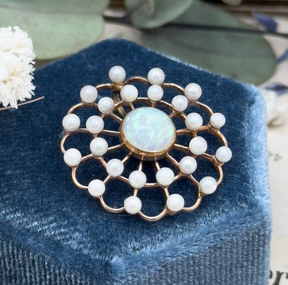 Edwardian Opal & Pearl Pendant in 14K Gold Spiderweb, Flower