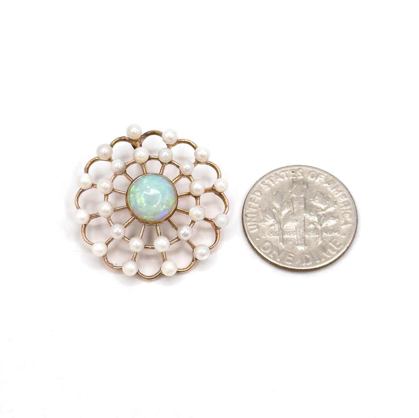Edwardian Opal & Pearl Pendant in 14K Gold Spiderweb, Flower