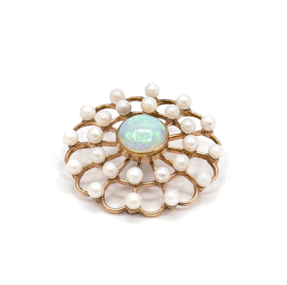 Edwardian Opal & Pearl Pendant in 14K Gold Spiderweb, Flower