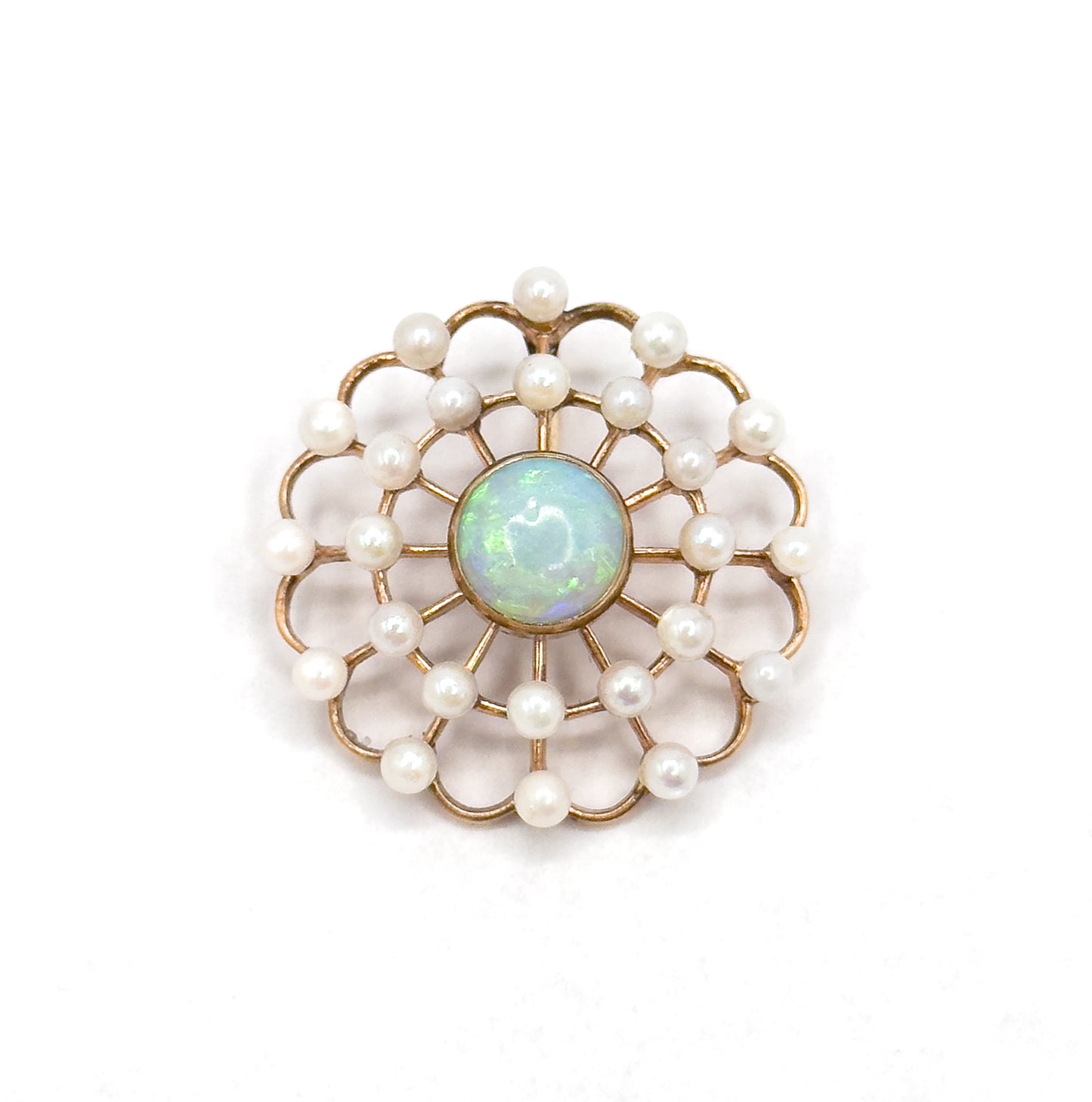 Edwardian Opal & Pearl Pendant in 14K Gold Spiderweb, Flower