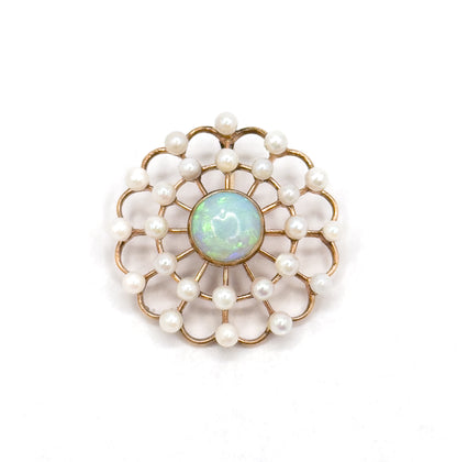 Edwardian Opal & Pearl Pendant in 14K Gold Spiderweb, Flower