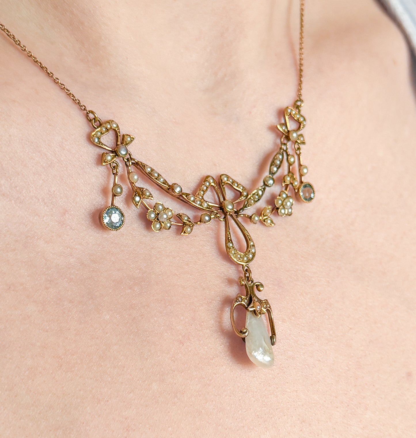 Edwardian Garland Style Bow Necklace with Seed pearls & Aquamarine in 14K Gold