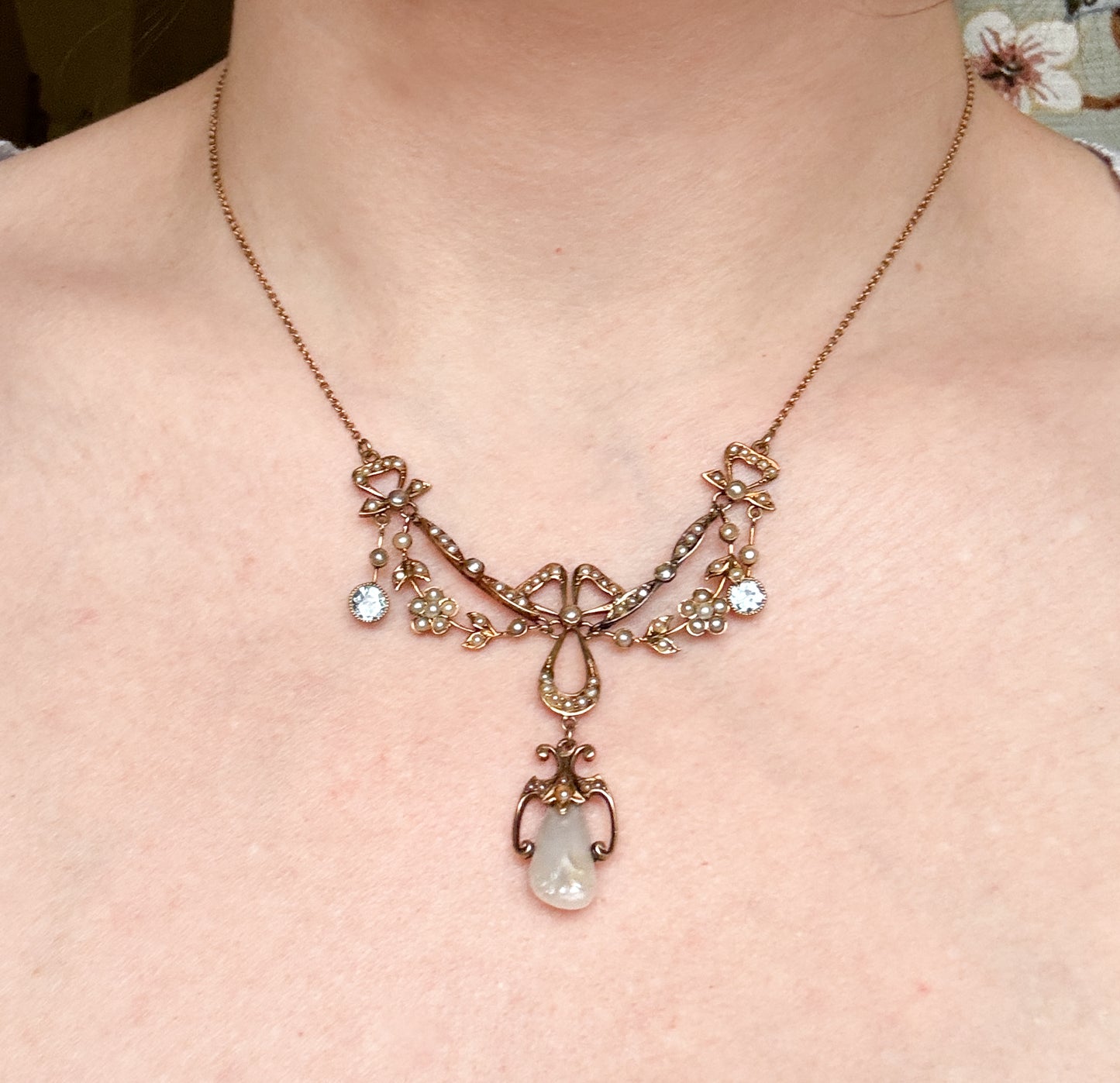 Edwardian Garland Style Bow Necklace with Seed pearls & Aquamarine in 14K Gold