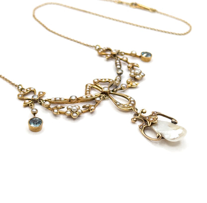 Edwardian Garland Style Bow Necklace with Seed pearls & Aquamarine in 14K Gold