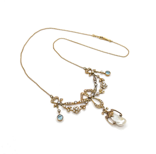 Edwardian Garland Style Bow Necklace with Seed pearls & Aquamarine in 14K Gold