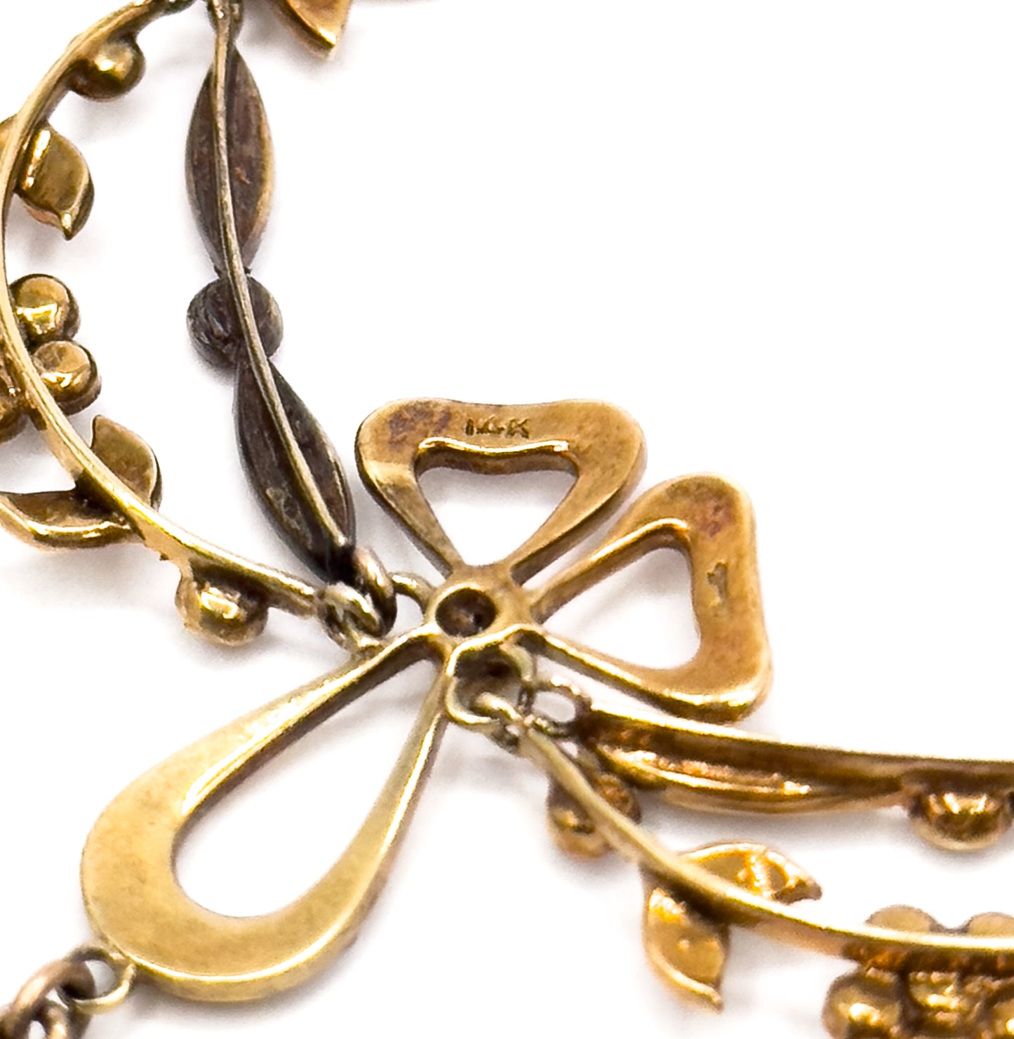 Edwardian Garland Style Bow Necklace with Seed pearls & Aquamarine in 14K Gold