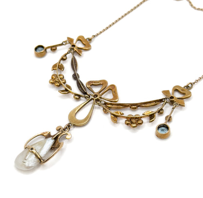 Edwardian Garland Style Bow Necklace with Seed pearls & Aquamarine in 14K Gold