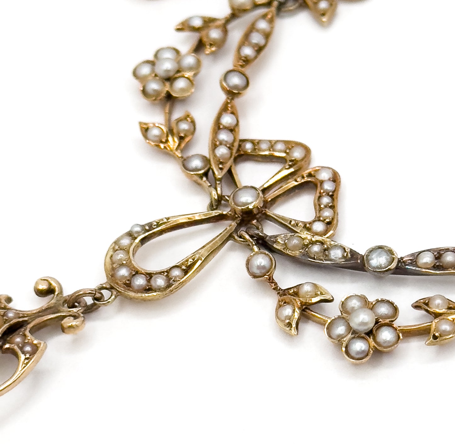 Edwardian Garland Style Bow Necklace with Seed pearls & Aquamarine in 14K Gold