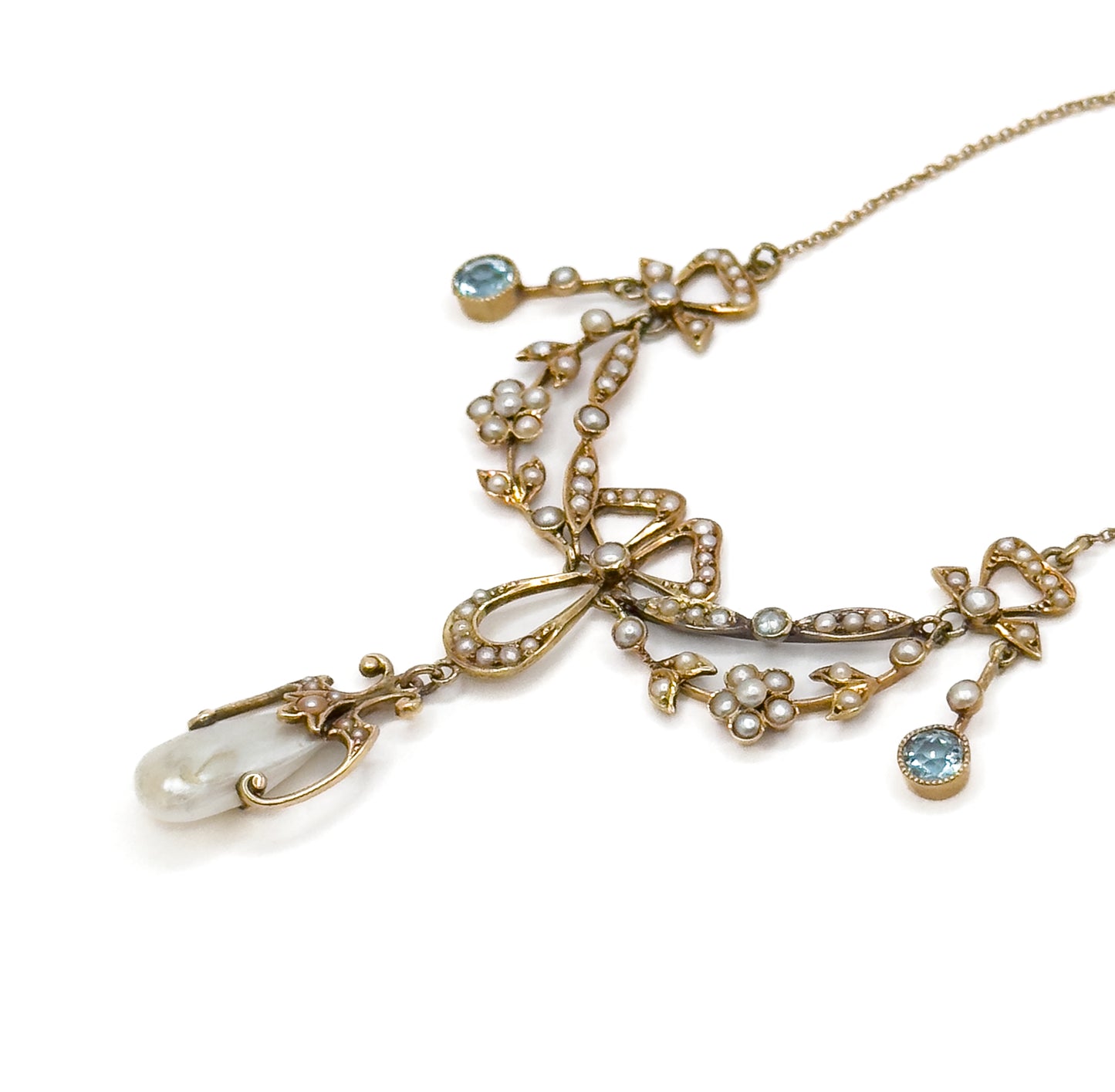 Edwardian Garland Style Bow Necklace with Seed pearls & Aquamarine in 14K Gold