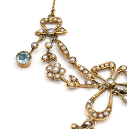 Edwardian Garland Style Bow Necklace with Seed pearls & Aquamarine in 14K Gold