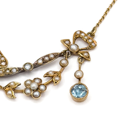 Edwardian Garland Style Bow Necklace with Seed pearls & Aquamarine in 14K Gold