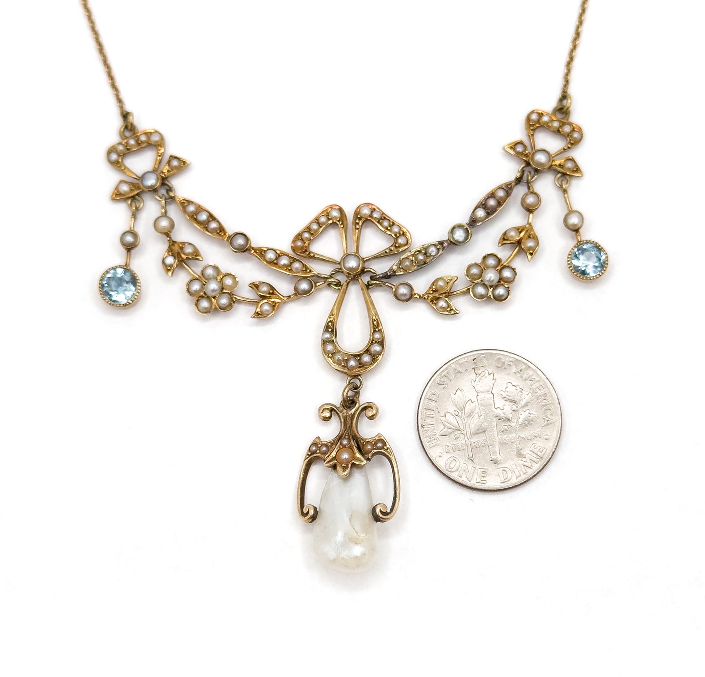 Edwardian Garland Style Bow Necklace with Seed pearls & Aquamarine in 14K Gold