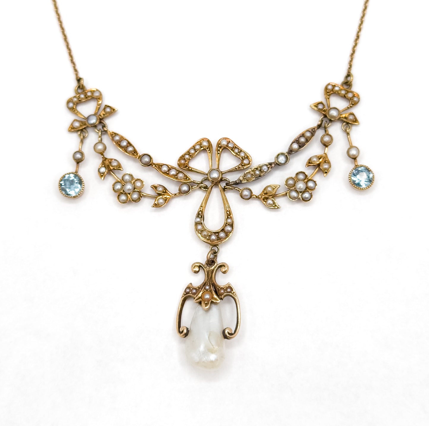 Edwardian Garland Style Bow Necklace with Seed pearls & Aquamarine in 14K Gold