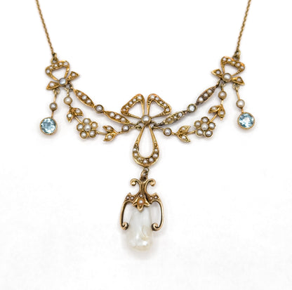 Edwardian Garland Style Bow Necklace with Seed pearls & Aquamarine in 14K Gold
