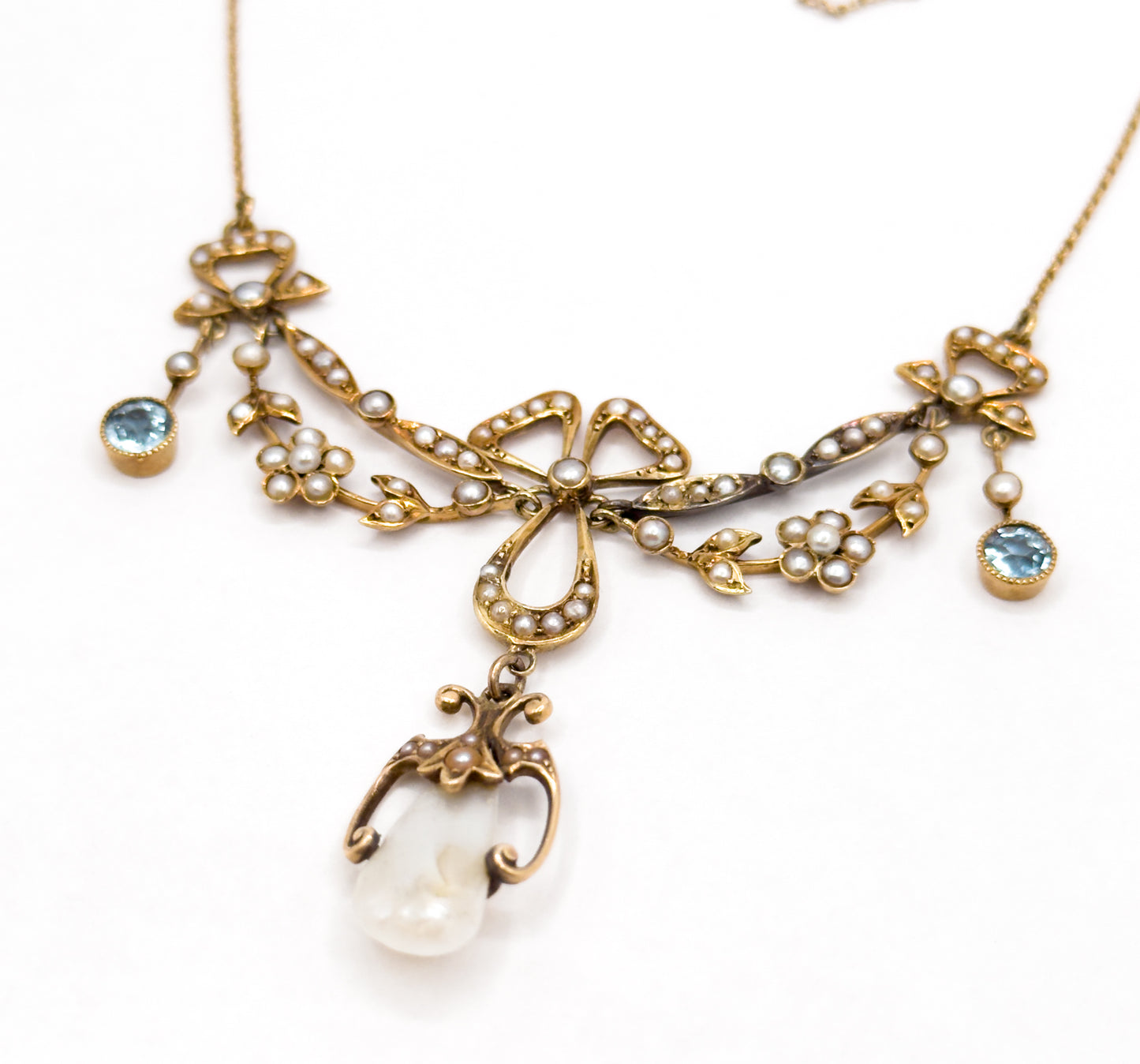 Edwardian Garland Style Bow Necklace with Seed pearls & Aquamarine in 14K Gold