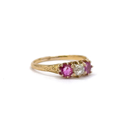 Antique Ring with Old Mine Cut Diamond & Rubies in 18K Gold