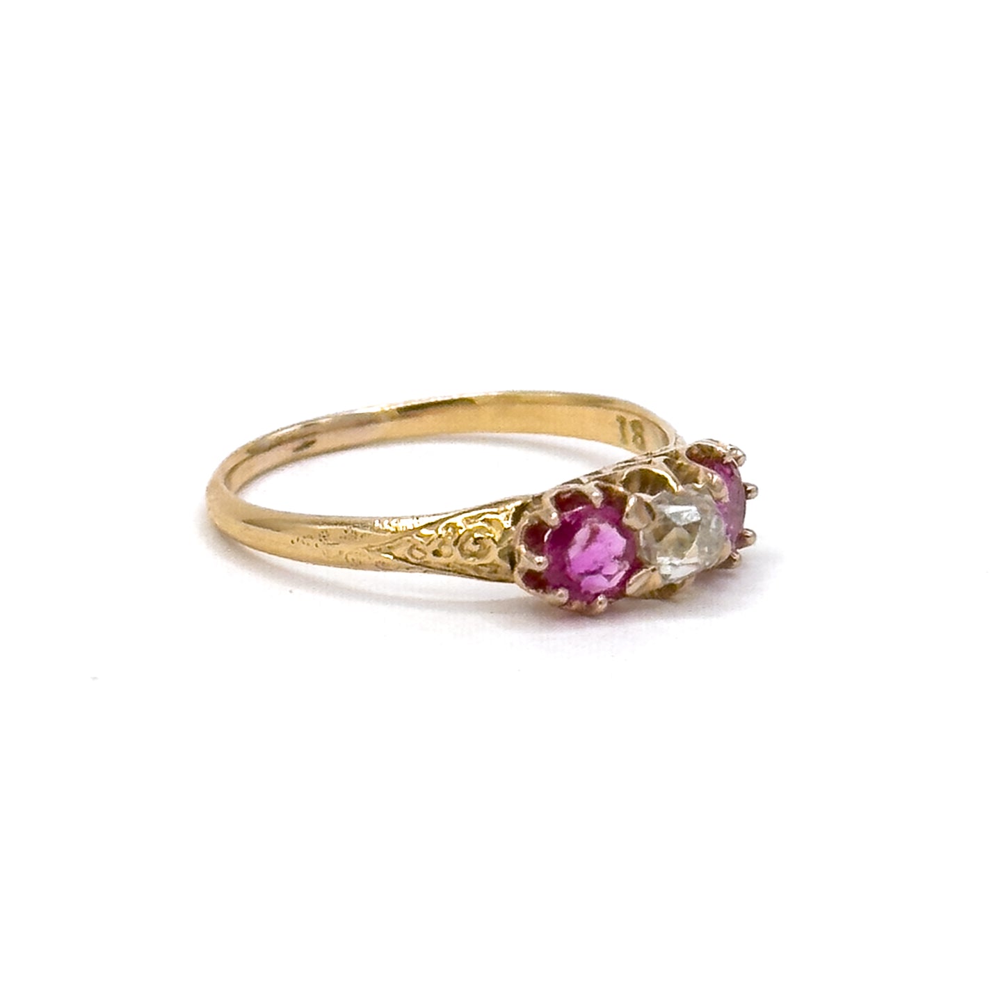 Antique Ring with Old Mine Cut Diamond & Rubies in 18K Gold