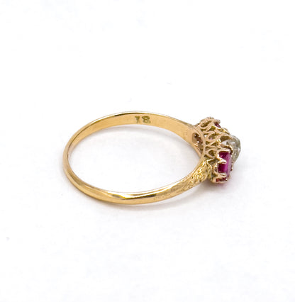 Antique Ring with Old Mine Cut Diamond & Rubies in 18K Gold