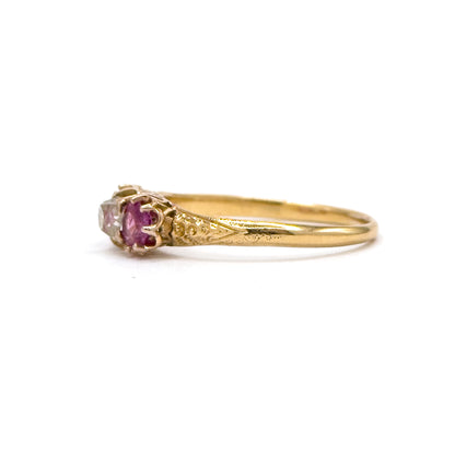 Antique Ring with Old Mine Cut Diamond & Rubies in 18K Gold