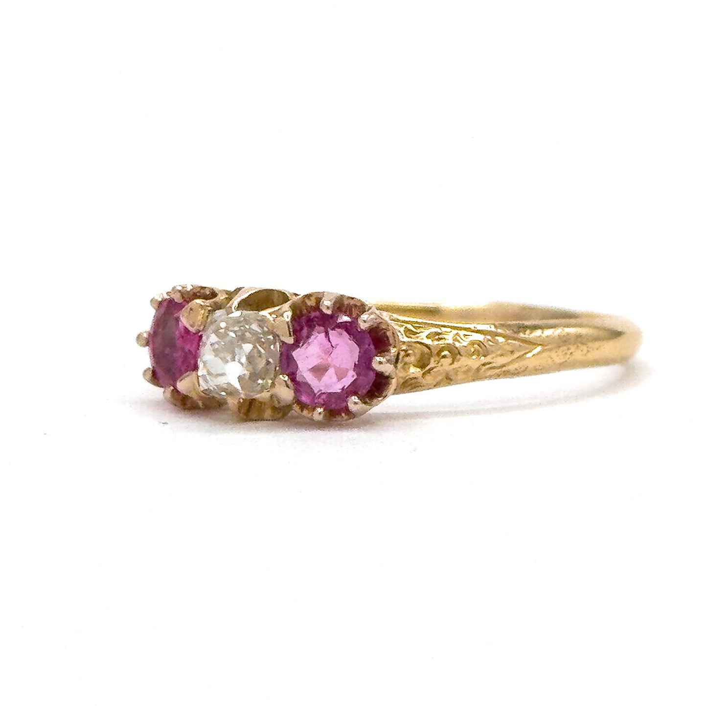 Antique Ring with Old Mine Cut Diamond & Rubies in 18K Gold