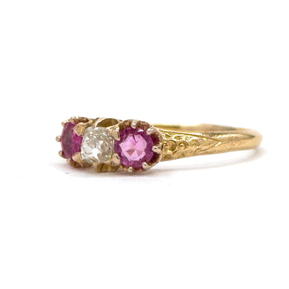 Antique Ring with Old Mine Cut Diamond & Rubies in 18K Gold