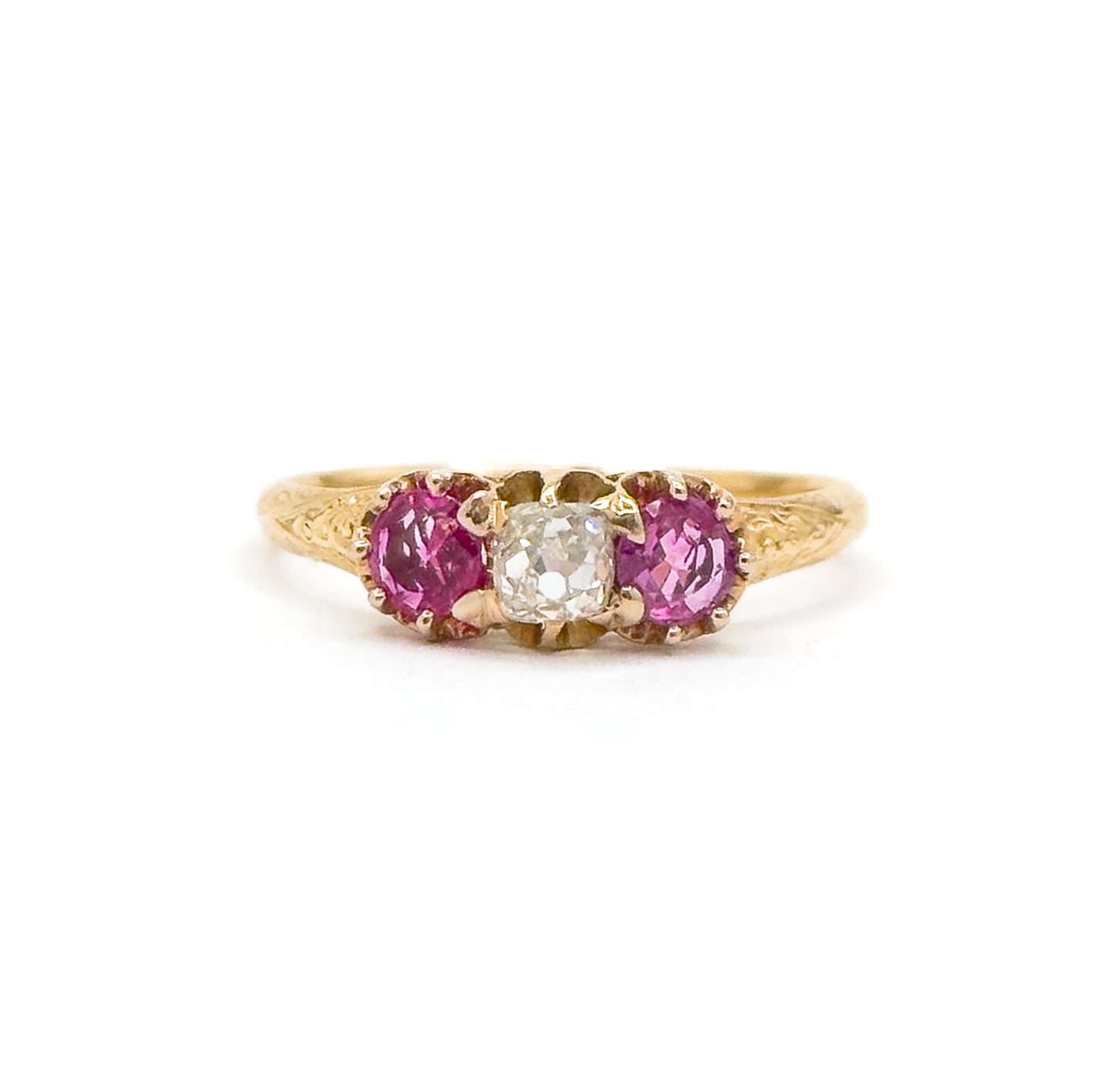 Antique Ring with Old Mine Cut Diamond & Rubies in 18K Gold