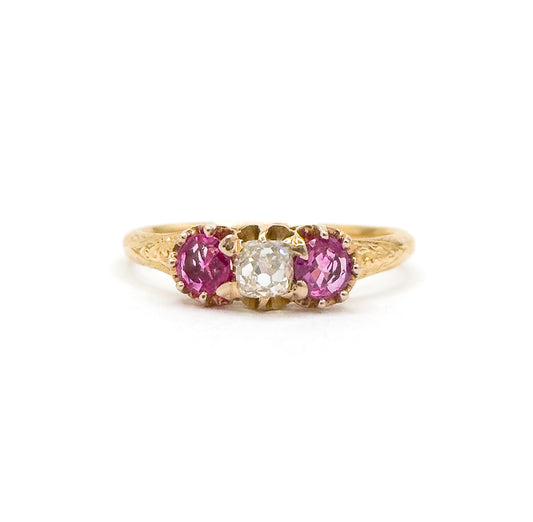 Antique Ring with Old Mine Cut Diamond & Rubies in 18K Gold