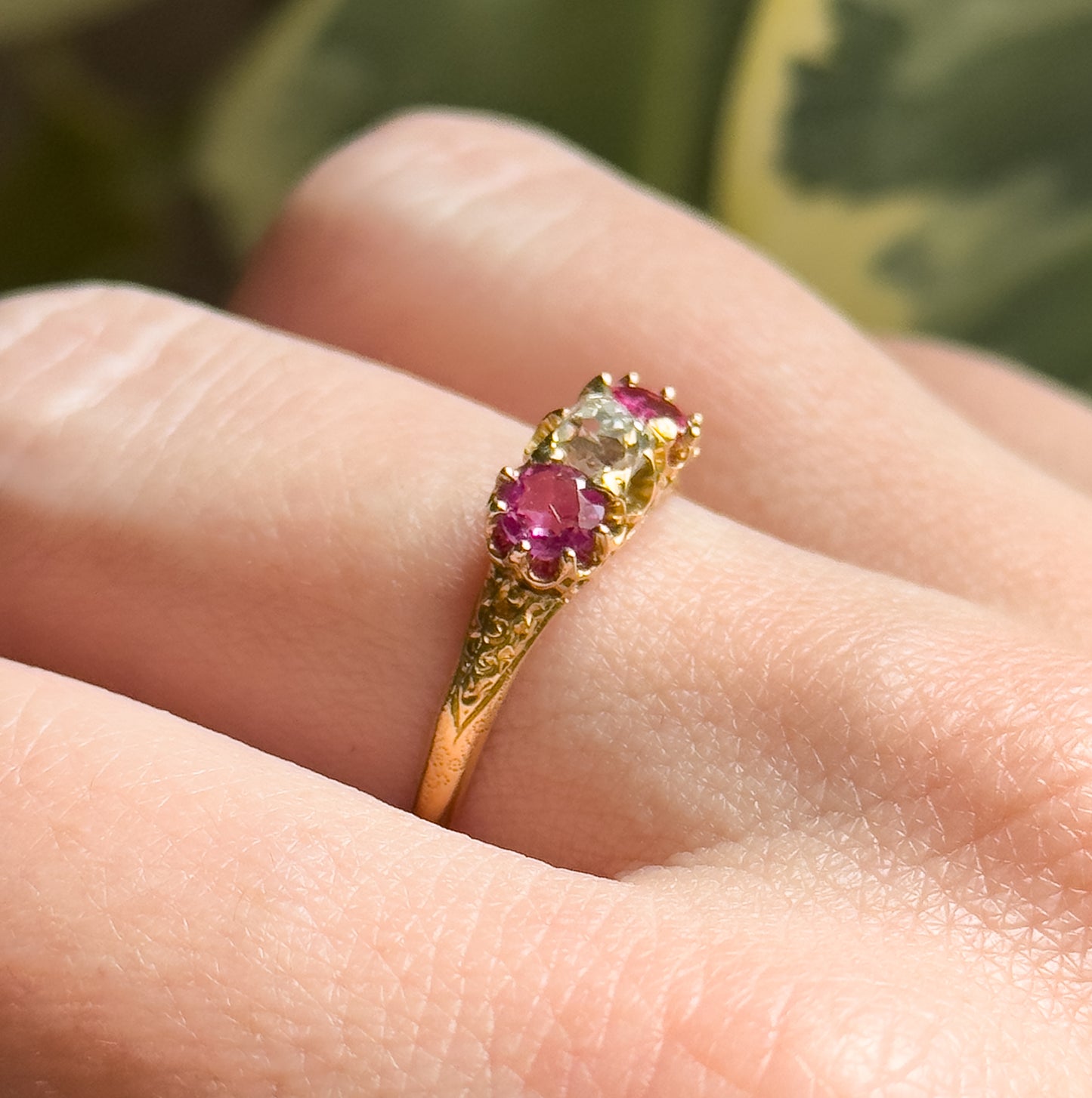 Antique Ring with Old Mine Cut Diamond & Rubies in 18K Gold