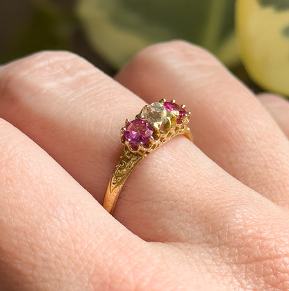 Antique Ring with Old Mine Cut Diamond & Rubies in 18K Gold