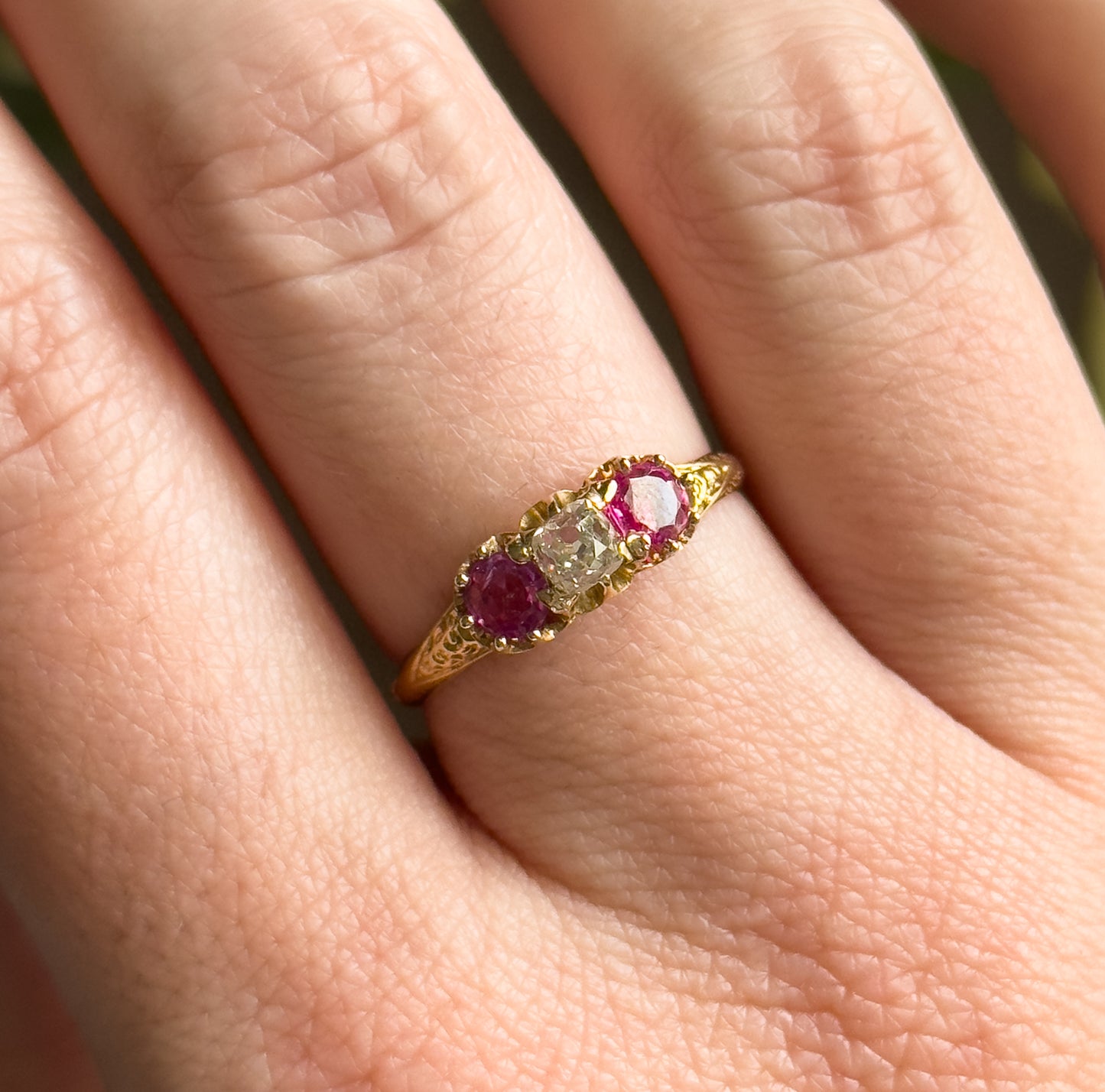 Antique Ring with Old Mine Cut Diamond & Rubies in 18K Gold