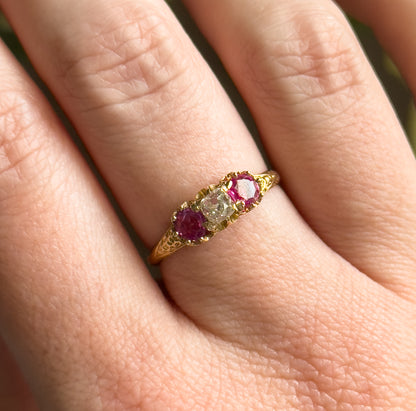 Antique Ring with Old Mine Cut Diamond & Rubies in 18K Gold