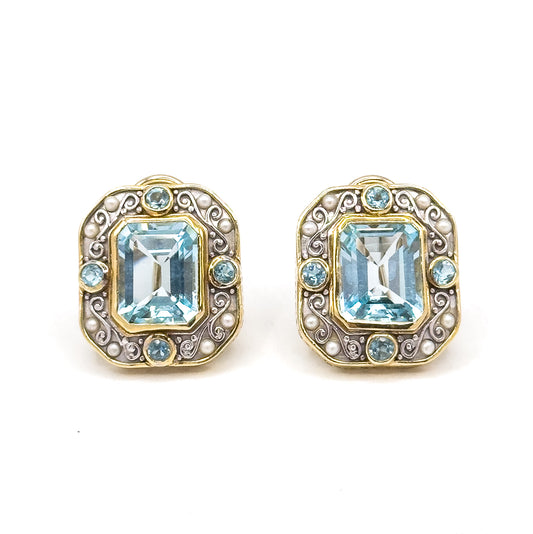 Vintage Topaz Omega Back Stud Earrings with pearls in 18K two tone Gold