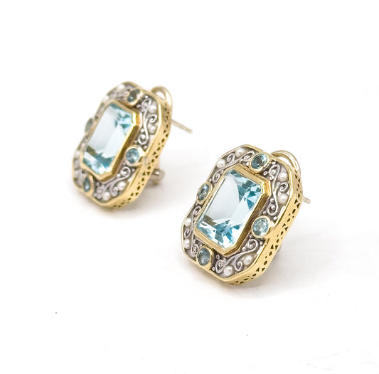 Vintage Topaz Omega Back Stud Earrings with pearls in 18K two tone Gold