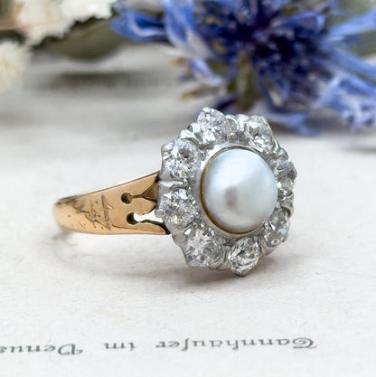 Antique Pearl & Old European Cut Diamond Halo Ring in 14K Gold