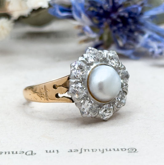 Antique Pearl & Old European Cut Diamond Halo Ring in 14K Gold