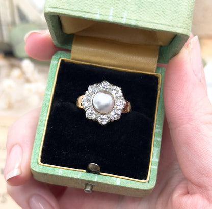 Antique Pearl & Old European Cut Diamond Halo Ring in 14K Gold