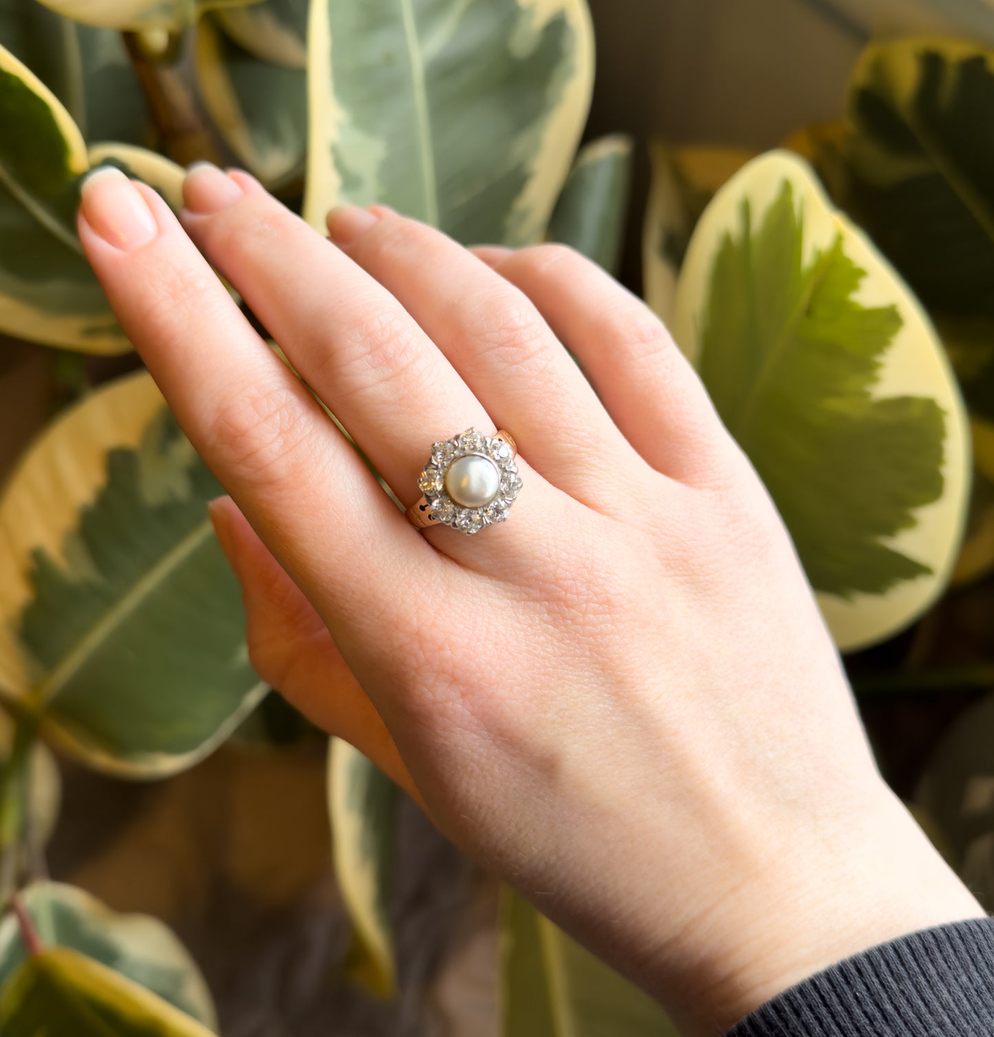 Antique Pearl & Old European Cut Diamond Halo Ring in 14K Gold