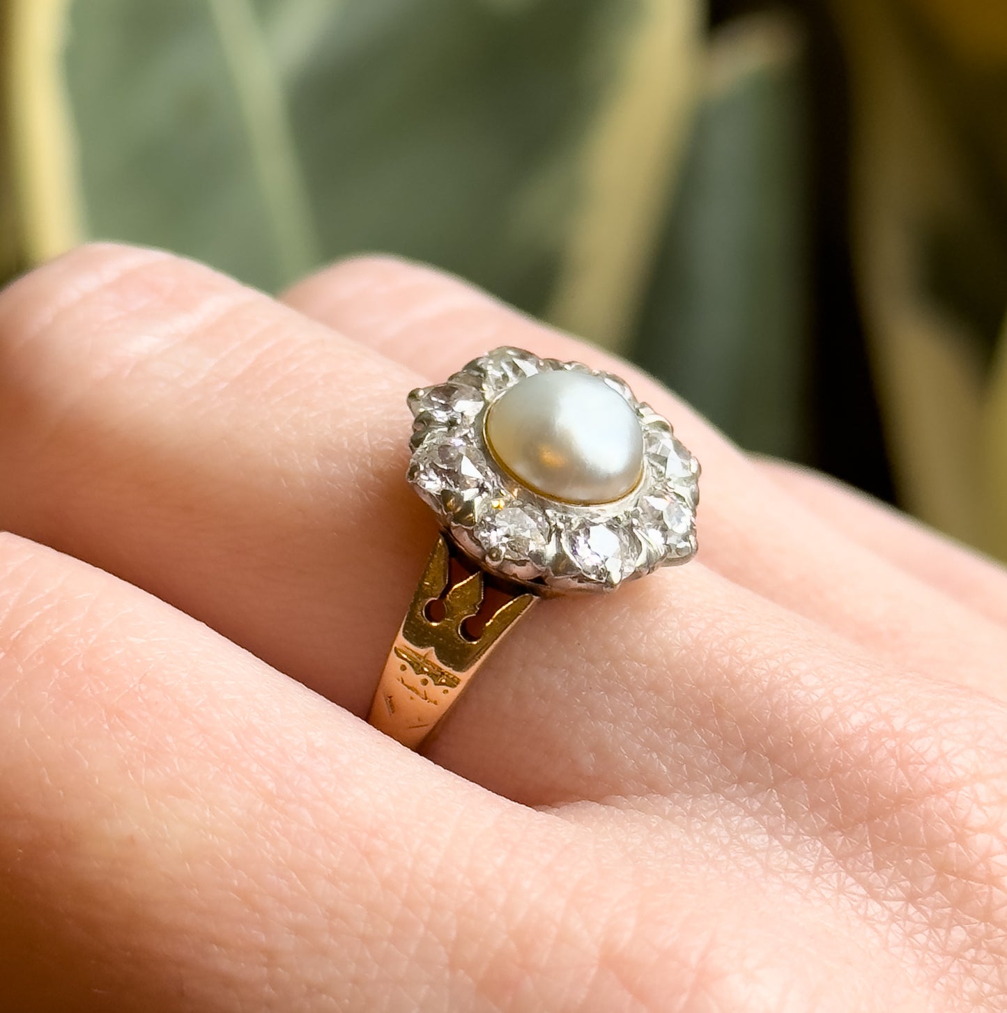 Antique Pearl & Old European Cut Diamond Halo Ring in 14K Gold