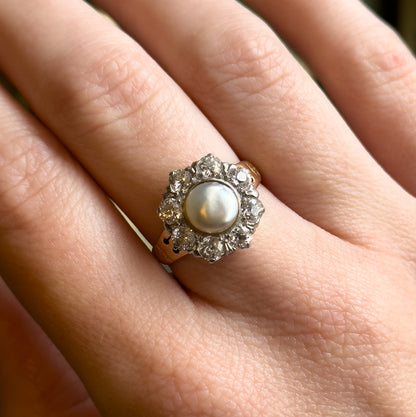 Antique Pearl & Old European Cut Diamond Halo Ring in 14K Gold
